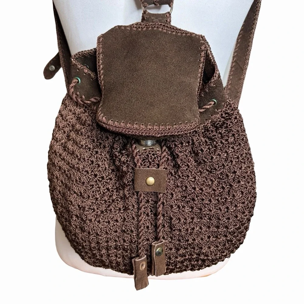 Puro Cuero Crochet Backpack Dark Brown Suede Trim Boho Festival Bucket Bag